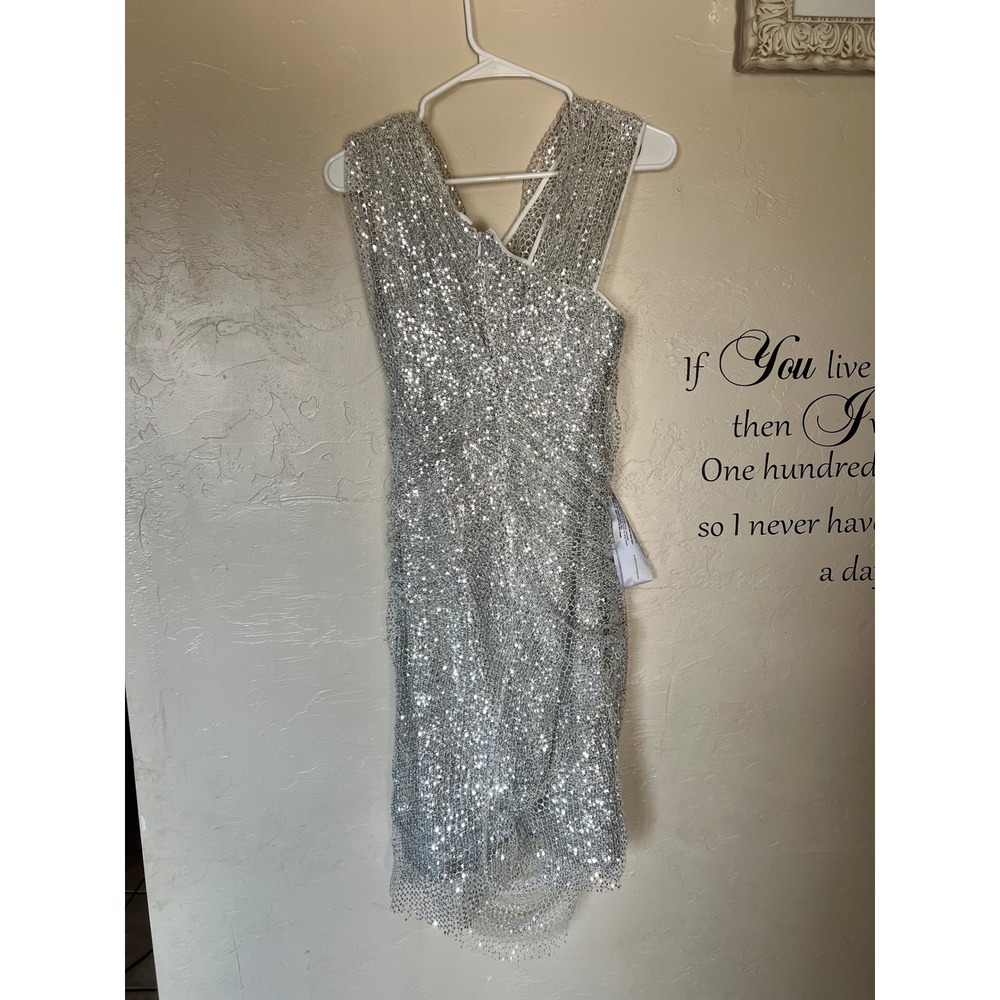 Maeve Reilly x BCBGMAXAZRIA Santa Monica Asymmetric Bodycon Mini Dress Silver 8 - Picture 10 of 13